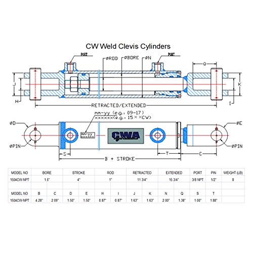CWA Hydraulics CW Weld Clevis Hydraulic Cylinder 4" Bore X 20" Stroke X