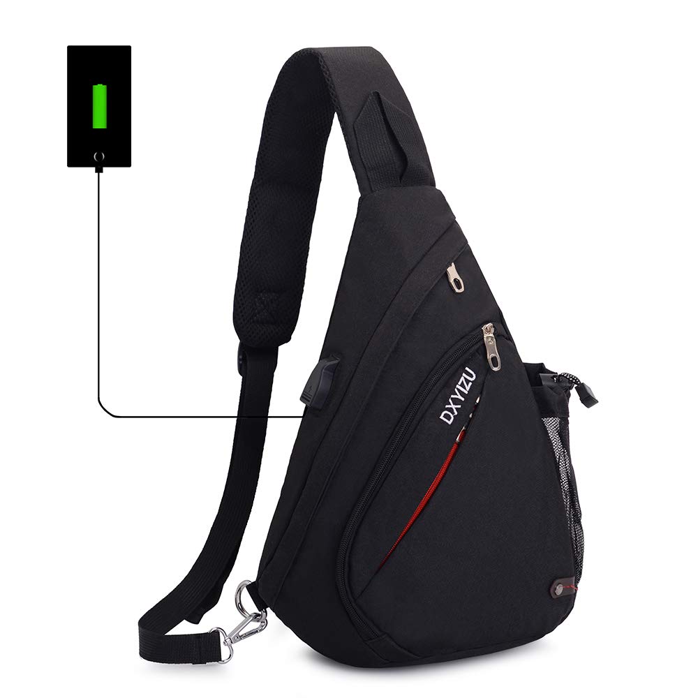 Pecho Mochila SINOKAL Bolso Pecho Casual bandolera hombro triángulo paquetes Daypacks para hombres mujeres Sling Bolsa con puerto de carga para el deporte al aire libre Gimnasio viajes senderismo (Negro)
