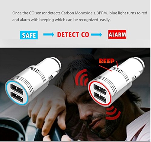 Multi-Function Fast Car Charger Stainless Steel Carbon Monoxide Detector 2 Ports 2.4A USB Adapter for iPhone Android, World First CO Alarm in Car with Emergency Glass Breaker - Thumbnail 4