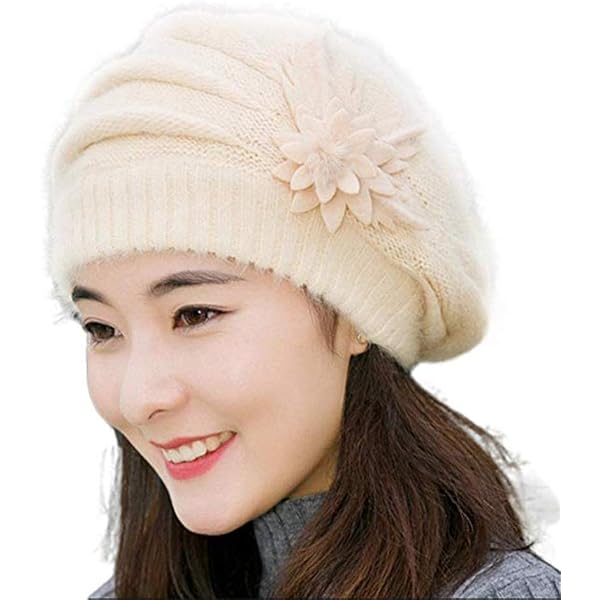 Women Solid Wool Beret Hat with Flower Knitted French Beret  display picture 3