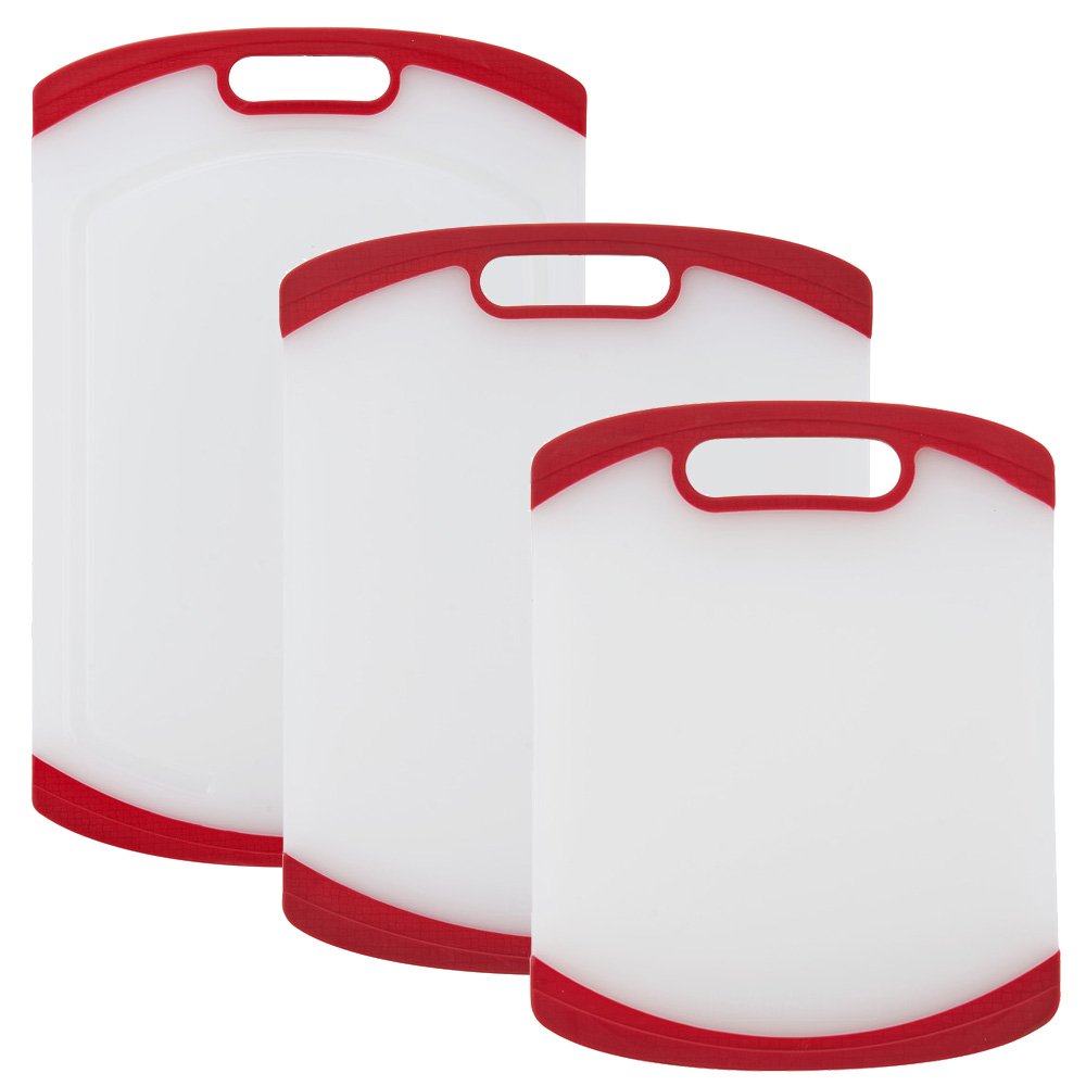 Sabatier 5234299 3-Piece All-Purpose Non-Slip Plastic Cutting Board Set with Handles, Assorted Sizes, White/Red