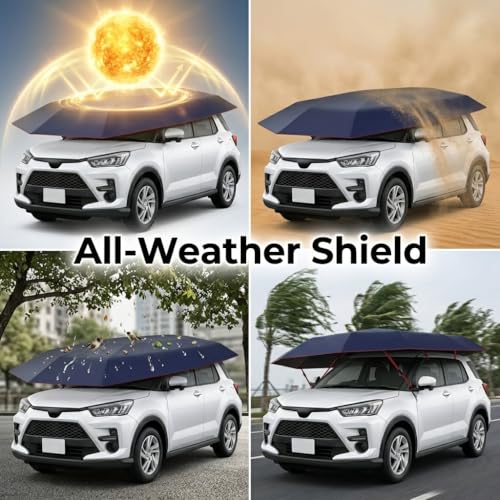 SELFIE CAT Car Awning Tent 4.2x2.2m, Navy Blue, Cover Outdoor Premium Anti-UV Sunshade & Portable Carport with Anti-Theft Rope, 210D Oxford Foldable Exterior Sun Shades For for Sedans & Compact SUVs