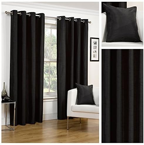 Faux Silk Slubbed Black Eyelet Fully Lined Readymade Curtain Pair 65x54in(165x137cm) Approximately By Hamilton McBride by Luxury Faux Silk