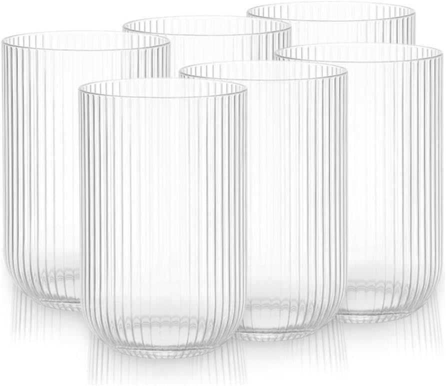 Kit 6 Copos de Vidro Canelado Transparente 430ml Design Moderno Elegante Ideal para Água Suco Drinks Whisky Refrigerante Mesa Posta Cozinha Bar Restaurante Jogo com 6 Copos Para Ambientes Elegantes