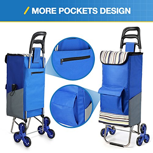 Folding Shopping Cart Extended Handle Stair Climbing Cart with Quiet Rubber Tri-Wheels Grocery Foldable Utility Cart with Upgraded Bottom Platform to Prevent Sagging