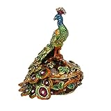 Round Male Peacock Figurine Box Swarovski Crystals Bird Jewelry, Trinket Keepsake or Pill Box Figurine