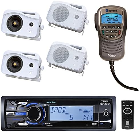 Sony DSX-MS60 Marine Boat Yachht MP3 USB iPod iPhone Stereo AM/FM Radio 4 X 52 Watts Receiver With Cobra MRF300BT Waterproof Marine Handset with Bluetooth Wireless Technology for Use with Bluetooth-Enabled Cell Phone And 4 X 200W 3 Way Marine Audio Boxed
