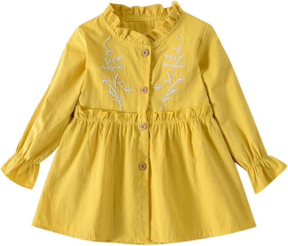 (12 Months-5 Years) Toddler Baby Girls Long Sleeve Solid Ruched Floral Dressed Clothes Children's Long Sleeve Frilled Print