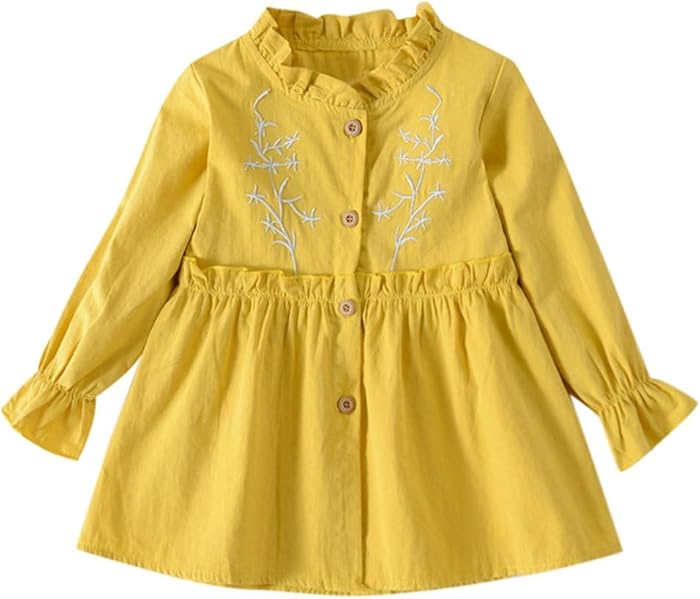 (12 Months-5 Years) Toddler Baby Girls Long Sleeve Solid Ruched Floral Dressed Clothes Children's Long Sleeve Frilled Print