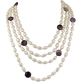 Gem Stone King 4-Row Purple Amethyst and 9-10mm Cultured Freshwater Pearl Necklace (16 Inches to 22 Inches)