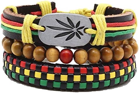 Rasta Three Bracelet Combination Set - 3 in 1 Rastafarian Woven Braided Wooden Beaded & Leather Cuff Bracelets in Pan African Colours Black Green Yellow & Red & Featuring Marjuana Leaf Dog Tag Charm