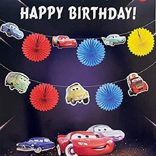 Rainbow Dreamz Car Theme Paper Fan Happy Birthday Banner (Multi Color)