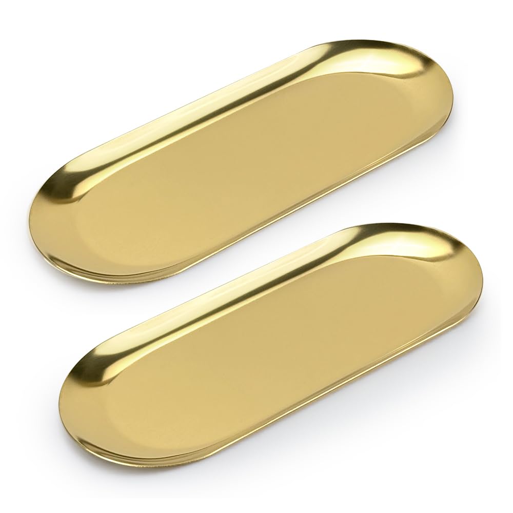 Photo 1 of 2 PCS Stainless Steel Jewelry Dish, DSIOHFEI 9 Inch Long Gold Decorative Tray for Bathroom Organizers and Storage, Metal Candle Tray, Small Serving Tray for Tea, Coffee, Dessert(Oval, Gold)