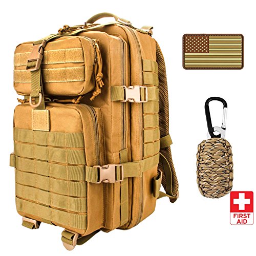 Anitee Outdoor 40L Military Backpack, Tactical Waterproof Army Rucksack with Emergency Survival kit for Camping Hiking Sport Trekking (Khaki)