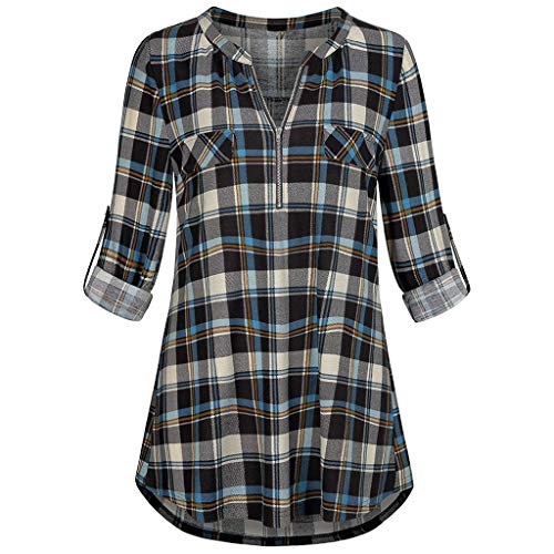 Womens 3/4 Sleeve Tunic Shirt Zipper V Neck Plaid Shirt Casual Tunic Blouses Tops
