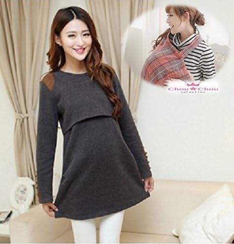 Amazon Co Jp Chouchou Selection オシャレな チュニック ワンピ 授乳口付き もふもふ裏地のあったか マタニティウェア とってもお得な授乳ケープのおまけ付き L 服 ファッション小物