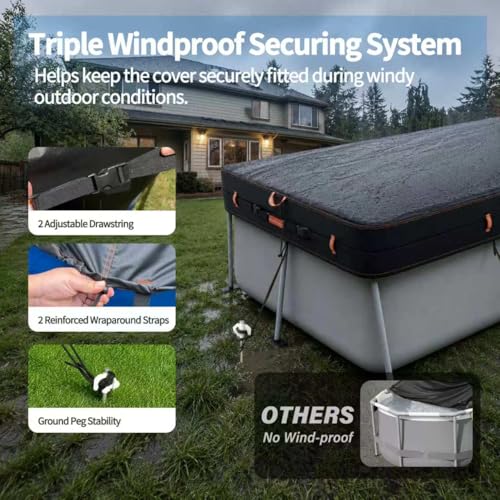 Neuradical 420D rectangular cover for above-ground swimming pools, UV and tear resistant, available in various sizes 224 x 408 cm, windproof protection with reflective strips.