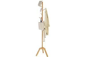 Sywhitta Coat Rack Stand, Premium Bamboo Free Standing Coat Rack with 6 Hooks, Easy Installation Clothes Hanger Stand, Burlywood
