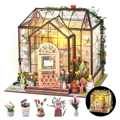 Taimimy DIY Miniature House Kit, Miniature Building Kits, Wooden Greenhouse Miniature Kit with Furniture, Creative Dollhouse Kit for Adults, Birthday Gifts Home Decor