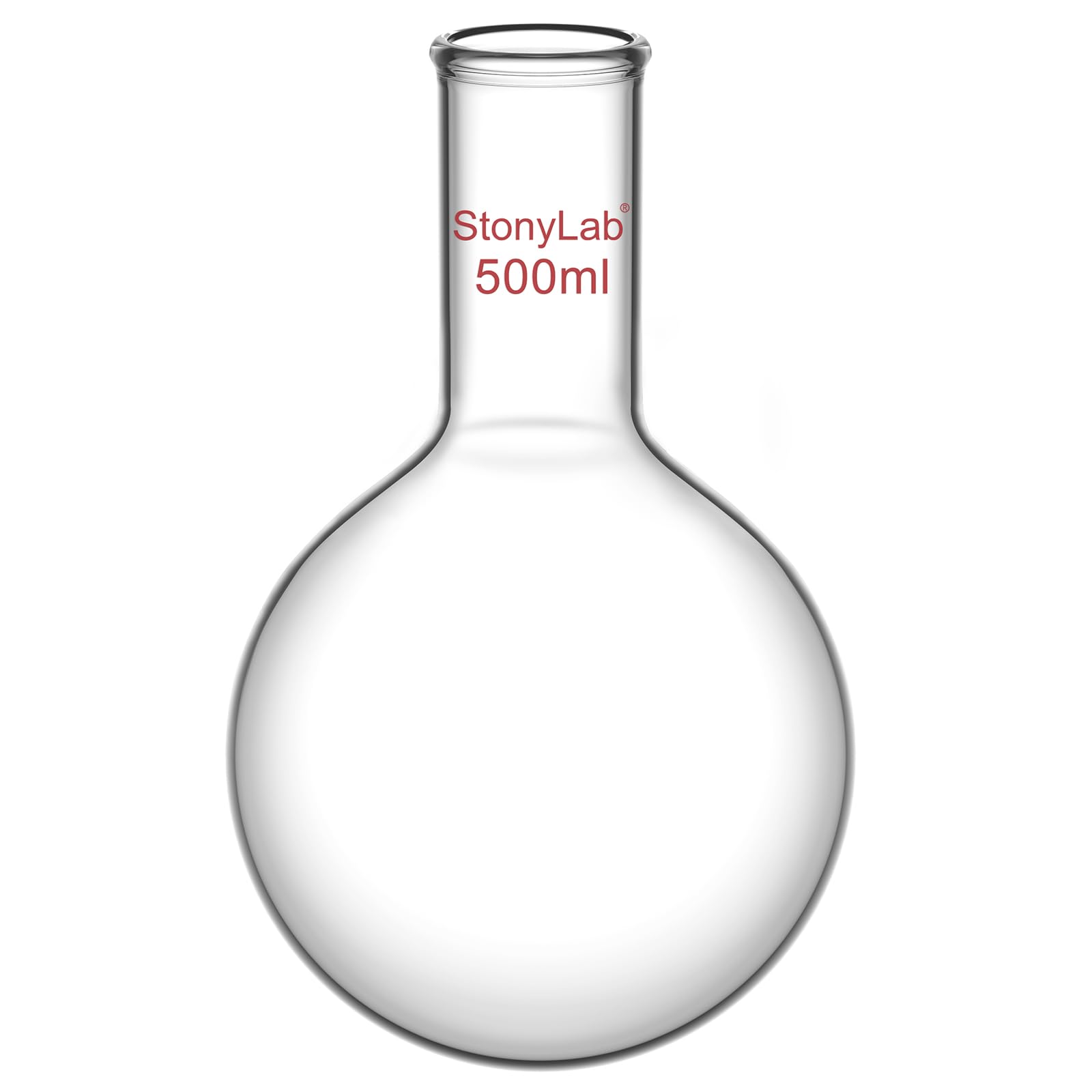 StonyLab Glass 500ml Long Neck Round Bottom Flask, Borosilicate Glass Heavy Wall Round Bottom Boiling Flask RBF with Long Neck, 500ml