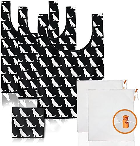 Bagibobs Reusable Grocery & Produce Bag Set - THREE Dog Pattern Reusable Grocery Bags with TWO BONUS Mesh Produce Bags