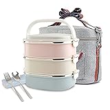 Usangel Stainless Steel Square Lunch Box, Lock Container Bag, Spoon and Fork Set Heat/Cold Insulated Kids Students for A Office Snack Food Storage Boxes (3-Tier)