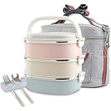 Stainless Steel Square Lunch Box, Lock Container Bag, Spoon and fork Set Heat/cold Insulated Kids Students for A Office Snack Food Storage Boxes (3-Tier)