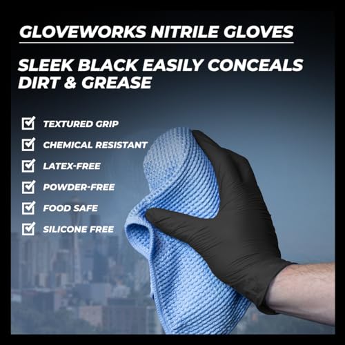 GLOVEWORKS Black Nitrile Gloves 5 Mil Disposable, Latex Free, Textured Grip for Food Service, Cooking, Professional Cleaning