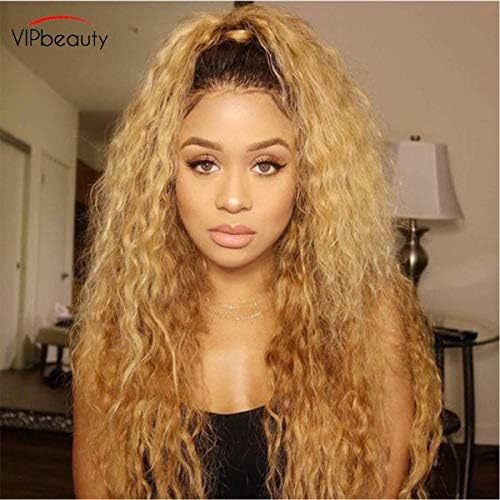 VIPbeauty Long Water Wave Brown To Light Gold Ombre Synthetic Lace Front Wig