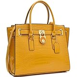 Dasein Womens Designer Handbag Belted Padlock Satchel Handbag Faux leather Medium Zip Top Tote Bag iPad Bag - Belt & Lock Style