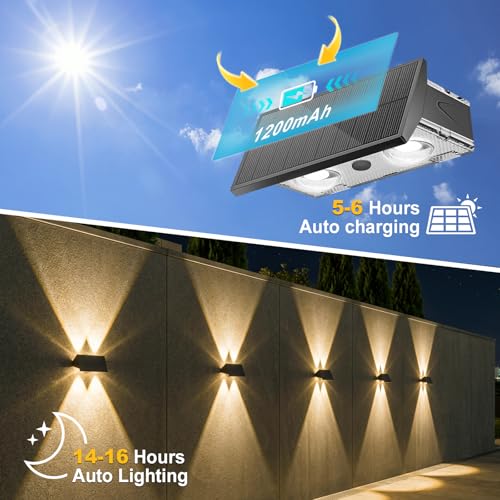 Bigzom Solar Outdoor Up and Down, Solar Lamps for Outdoor Wall 4 LEDs, Warm/Neutral/Cold Light, IP65 Waterproof Solar Lamp for Garden Balcony Terrace Stairs – Pack of 2