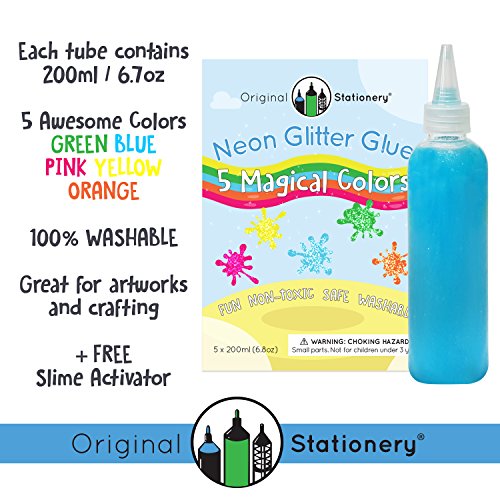 Glitter Glue Slime Supplies Kit for Boys and Girls [NEON COLORS, WASHABLE] Great Stuff for Kids [SLIME ACTIVATOR INCLUDED] Clear Glue Set For Making Red Blue Pink Green Yellow Purple Slimes