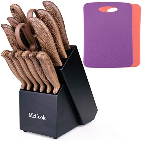 Kitchen Knives Block Set, McCook MC30B 16 Pieces Knife Set with Shears, Sharpening Steel, Plus Bonus Cutting Mats and Pine Wood Block, Brown