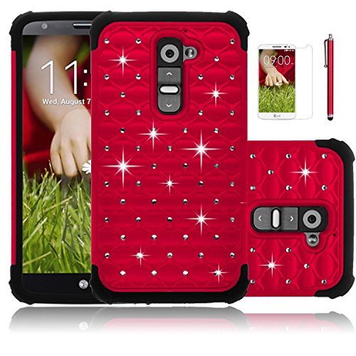 LG G2 Case,Sparkle Shimmer Case for LG G2, ECâ„¢ Heavy Duty Shock Absorbing Dual Layer Studded Rhinestone Bling Hybrid Protective Case Cover for LG G2 (Red)