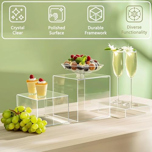 6Pcs Acrylic Boxes for Display Buffet Food Risers and Stands, Display Table Stand Shelf with Hollow Bottoms for Party Catering Dessert Jewelry Collectibles, Clear