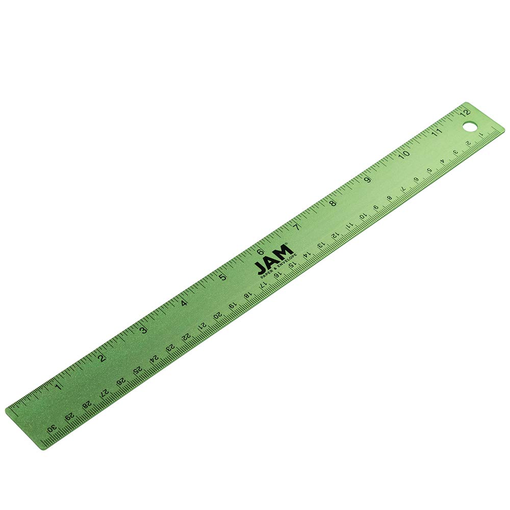 JAM PAPER Stainless Steel Ruler - 30.48 cm/12 inch - Metal Ruler with Non-Skid Cork Backing - Lime Green - Sold Individually