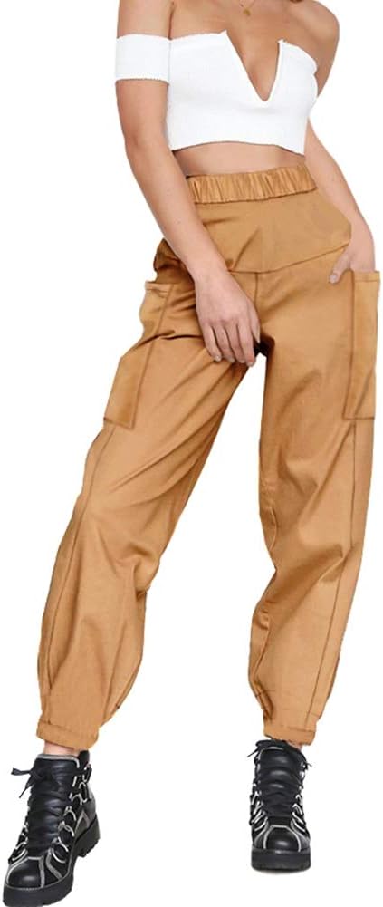 GUYUEQIQIN Women's Cargo Pants, Casual Outdoor Solid Color Elastic High Waisted Baggy Jogger Workout Pants with Pockets(XL,Dark hhaki)