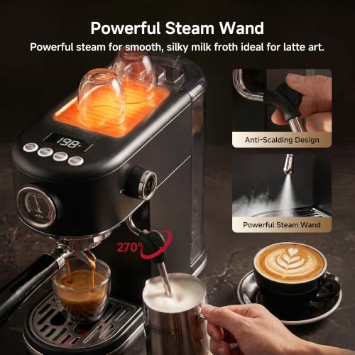 HIBREW H10B Programmable Espresso Machine with LED Display and Pressure Gauge | Compact Stainless Steel Coffee Maker 20 Bar with Milk Frother, Portafilter 51 mm for Cappuccino and Latte