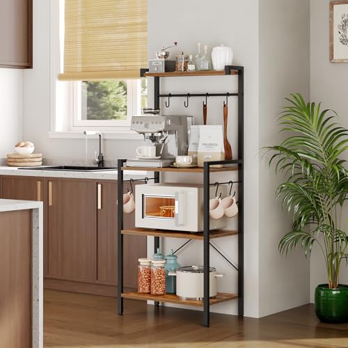 4 Tier Coffee Bar Station with Storage, Rustic Brown Corner Bakers Rack with 8 S-Shaped Hooks, High kitchen Shelves Stand Microwave Stand for Spices, Pots, Wooden Top and Black Metal Frame EBF04HB01