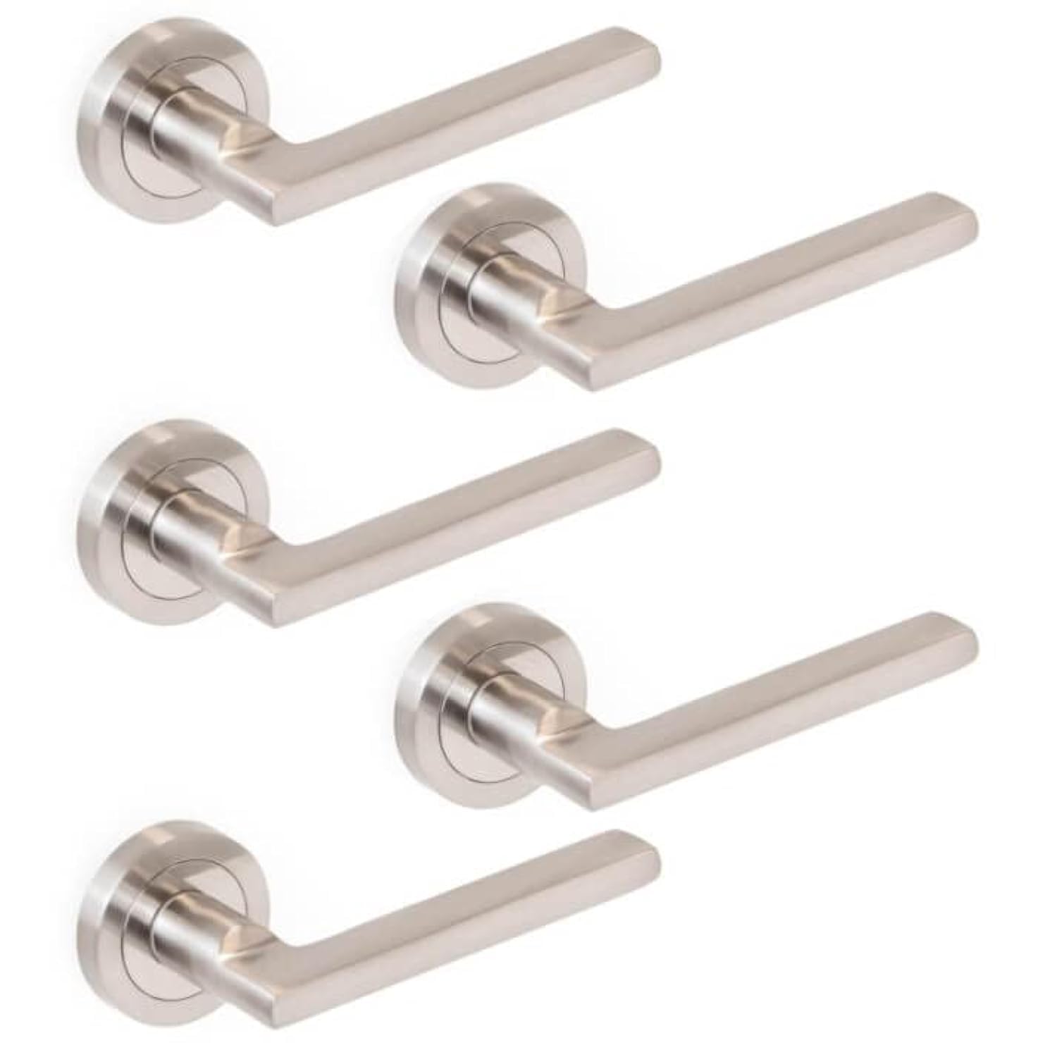 Jdel Pack of 5 Interior Door Levers,Passage Door Handle Set with.50mm Rosette,Aluminum and Zamak, Satin Nickel