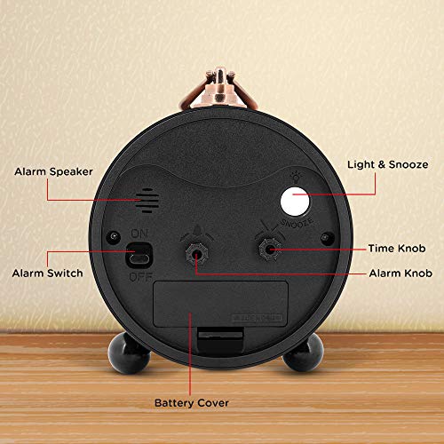 Peakeep 4" Battery Operated Antique Retro Analog Alarm Clock, Small Silent Bedside Desk Gift
