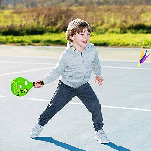 Classic Wooden Paddle Ball Game Set,Fun Racquet Game,Indoor Outdoor Easiest Racket Game (2 Thicker Wooden Rackets,4 Waterproof Birdies,1 Carry Bag)(Green)