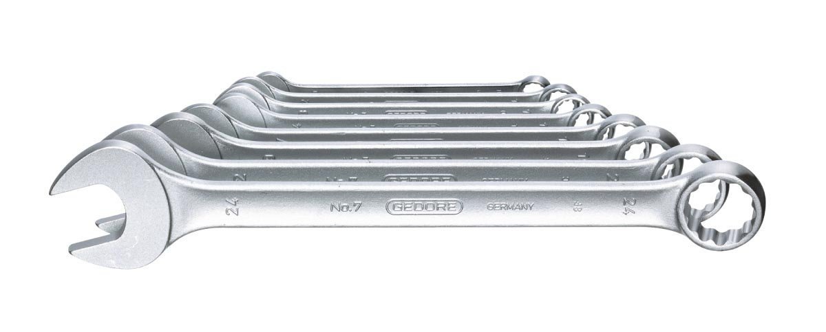 GEDORE 8-pc. Combination spanner set, AF 10-24 mm, 15° angled, Bi-hex, UD profile, Spanner set, 7-08, Silver