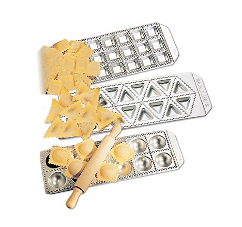 Imperia Ravioli Maker Set of 3 Italian Made Molds- Mini Squares, Tortelli, and Raviolini with Rolling Pin