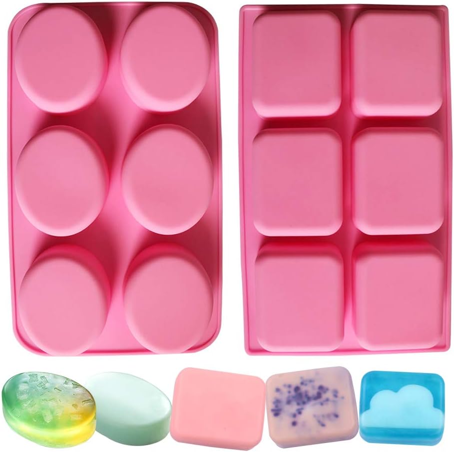 BAKER DEPOT 6 Holes Oval and Rectangular Silicone Mold for Handmade Soap Making, Set of 2