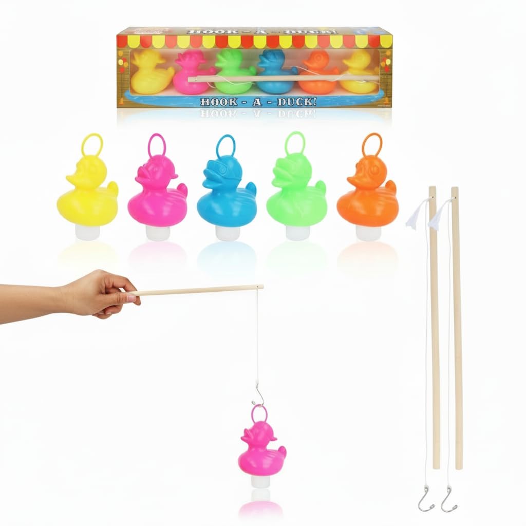 TC TOYS - Classic Weighted Hook-a-Duck Game | 8-Piece Set: 6 Floating Ducks & 2 Wooden Fishing Rods | Perfect Kids' Summer Carnival & Bath Toy Party Kit