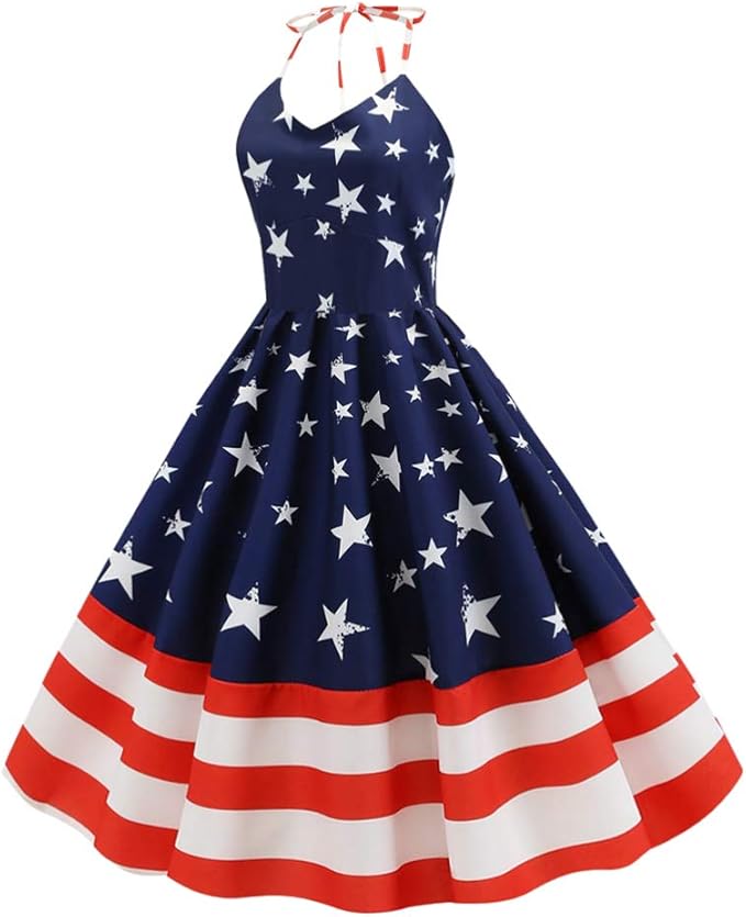 Amosfun American Flag Dress Vintage Star Stripe Printed Evening Skirt