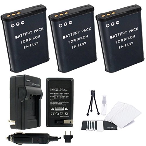 3-Pack EN-EL23 High-Capacity Replacement Batteries with Rapid Travel Charger for Select Nikon Digital Cameras. UltraPro Bundle Includes: Camera Cleaning Kit, Screen Protector, Mini Travel Tripod