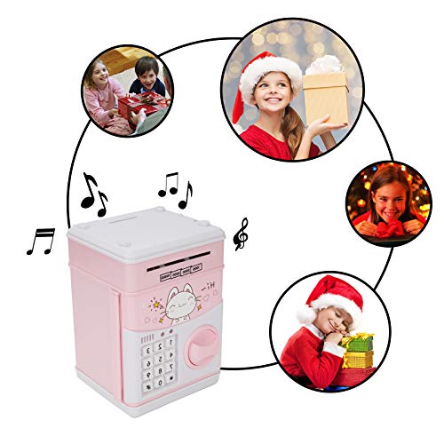 Mini ATM Savings Piggy Banks Toys for Real Money Save for Kids Girls Boys Adults, Electronic ATM Machine Coin Bank Money Saver Digital Password, Auto Scroll Cash Safe Box Gifts for Children Pink Cat