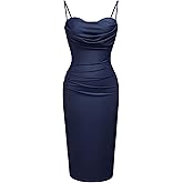 CurvySweet Women's Summer Cowl Neck Ruched Bodycon Midi Dress with Spaghetti Straps and Built-in Bra for Cocktail Party